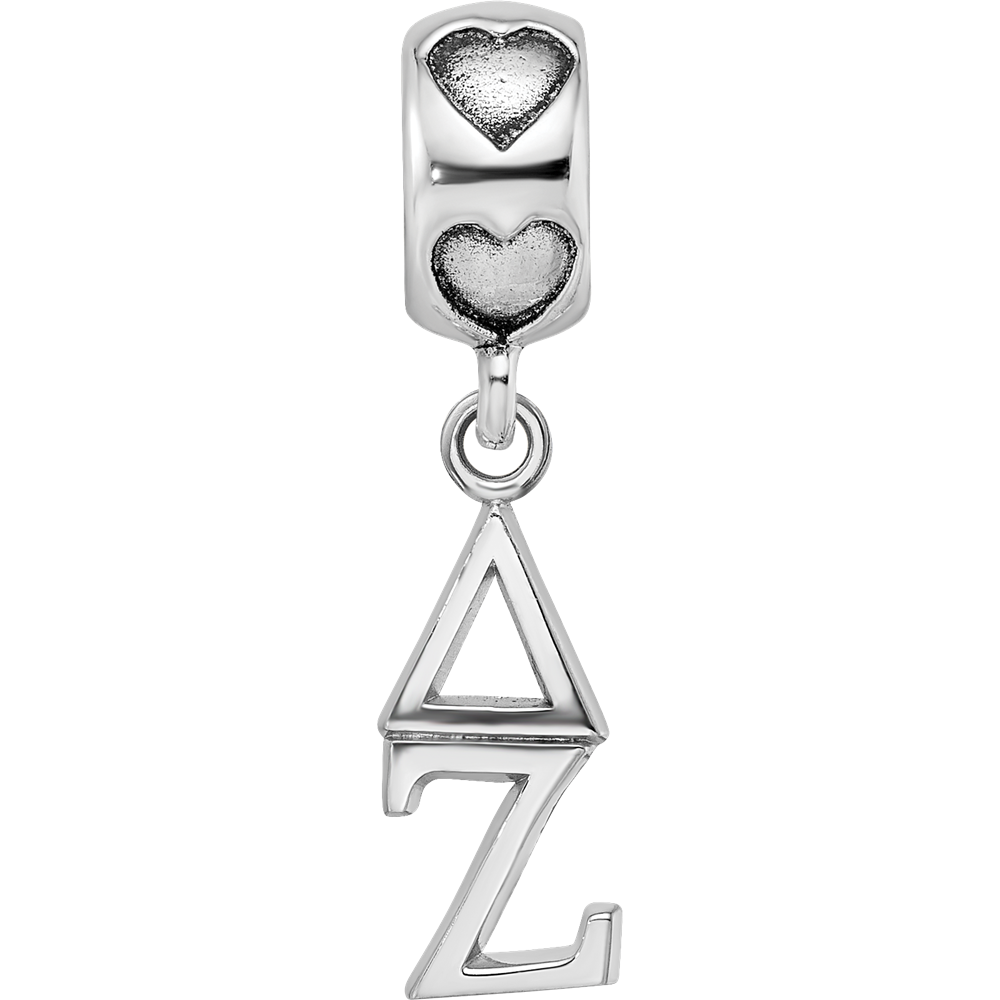 Sterling Silver RH-plated LogoArt Delta Zeta Vertical Letters on Heart Bead