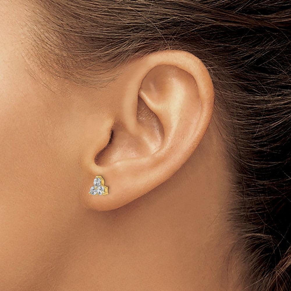 True Origin 14K Yellow Gold 3/4 carat Lab Grown Diamond VS+ F+ Complete Three Stone Post Stud Earrings
