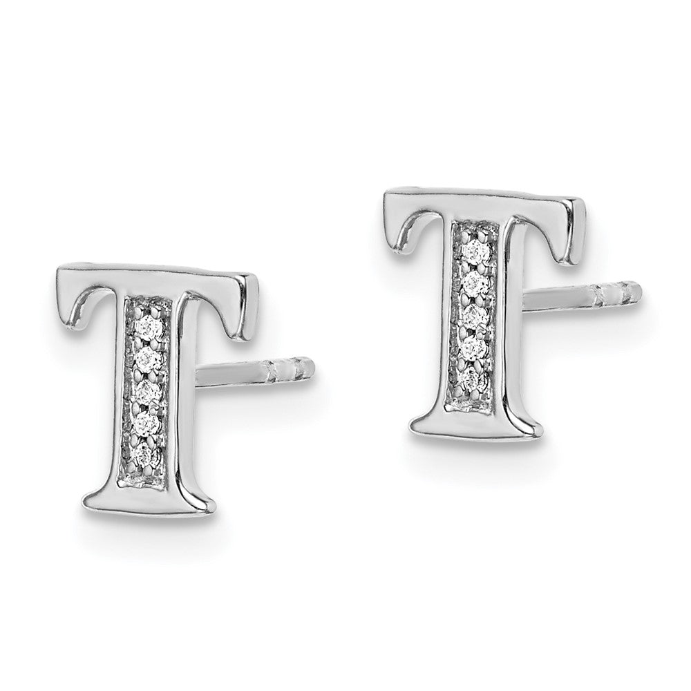 14k White Gold Diamond Initial T Post Earrings