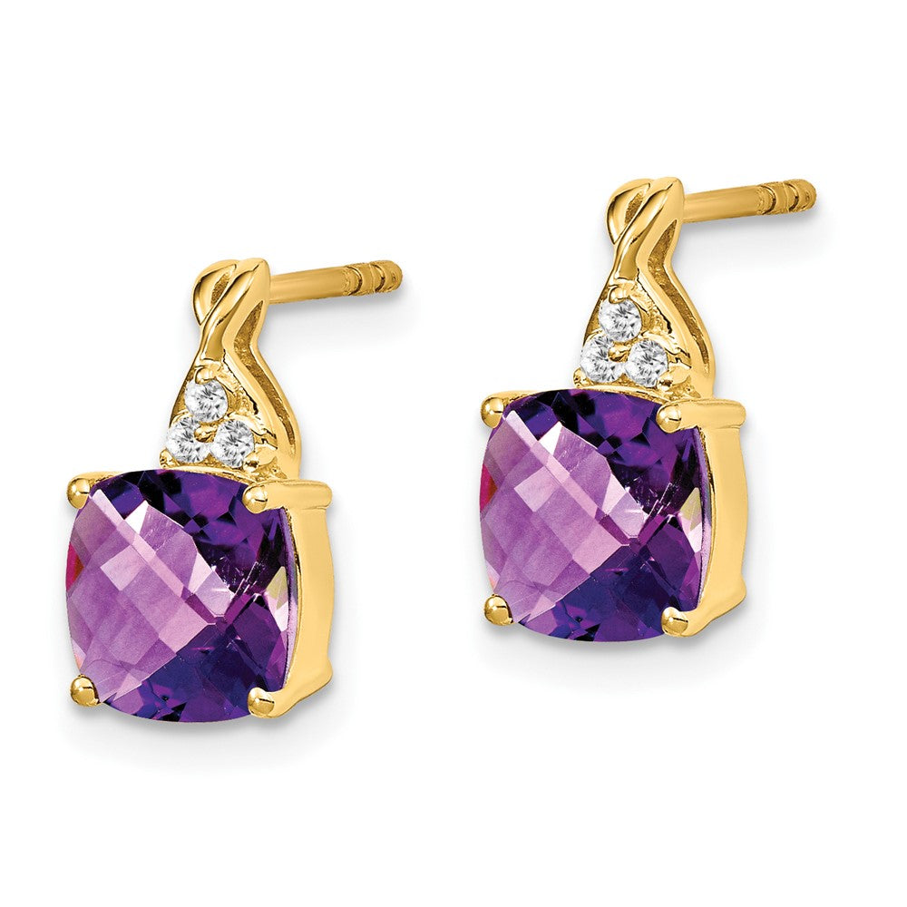 14k 7mm Cushion Checkerboard February/Amethyst and Diamond Post Earrings