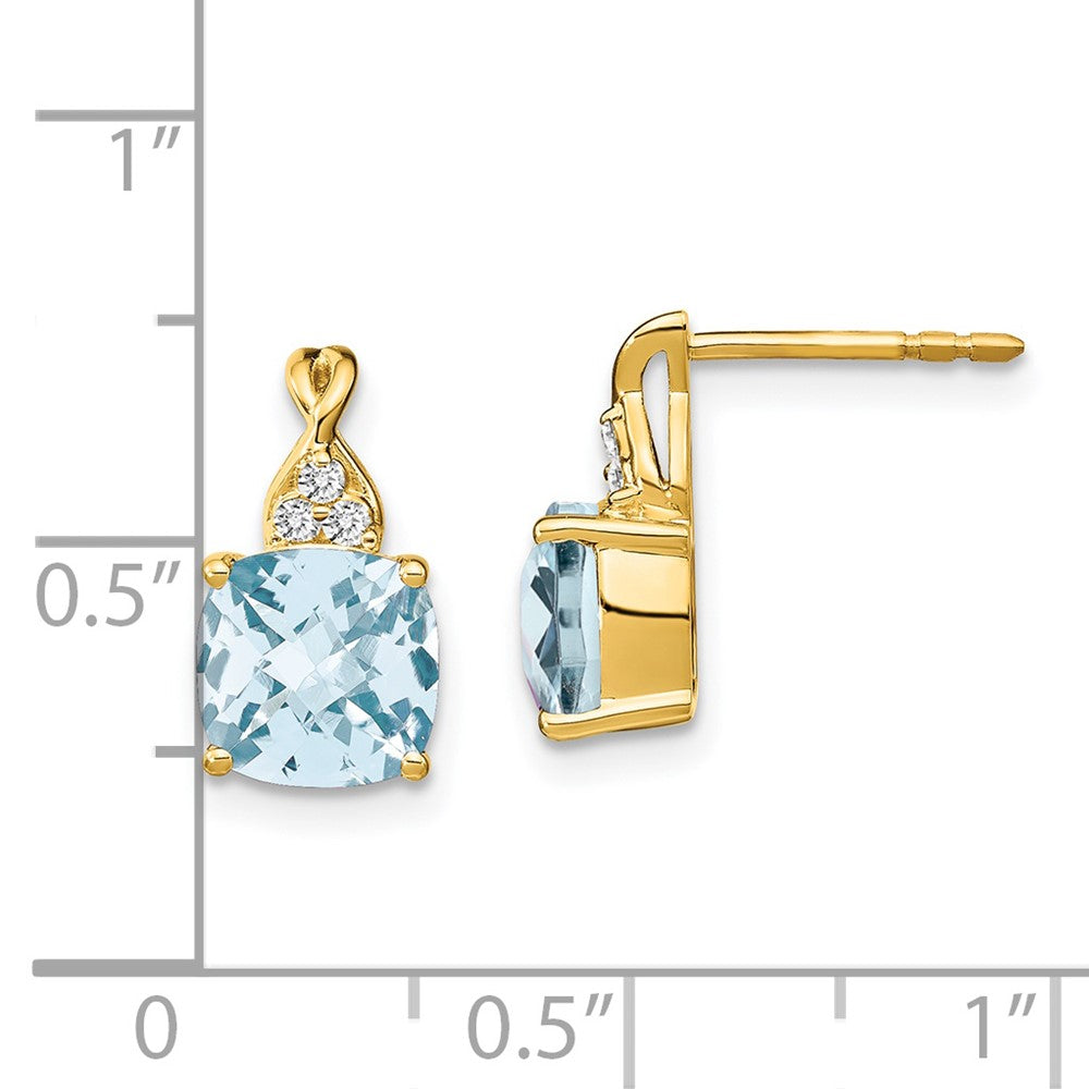 14k 7mm Cushion Checkerboard March/Aquamarine and Diamond Post Earrings