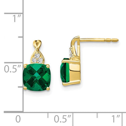 10k 7mm Cushion Checkerboard May/ Lab-Created Emerald and Diamond Post Earrings