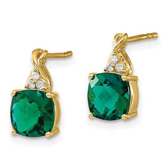 14k 7mm Cushion Checkerboard May/Lab Created Emerald and Diamond Post Earrings