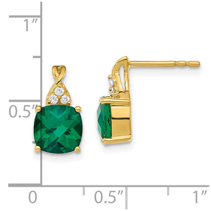 14k 7mm Cushion Checkerboard May/Lab Created Emerald and Diamond Post Earrings