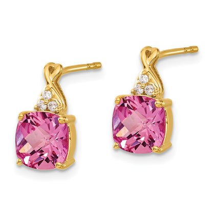 14k 7mm Cushion Checkerboard October/Lab Created Pink Sapphire and Diamond Post Earrings
