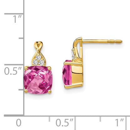 14k 7mm Cushion Checkerboard October/Lab Created Pink Sapphire and Diamond Post Earrings