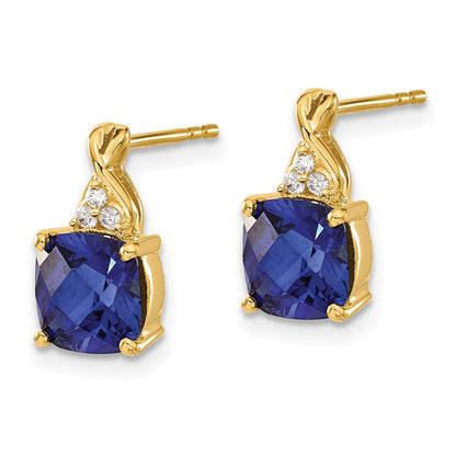 14k 7mm Cushion Checkerboard September/Lab Created Sapphire and Diamond Post Earrings