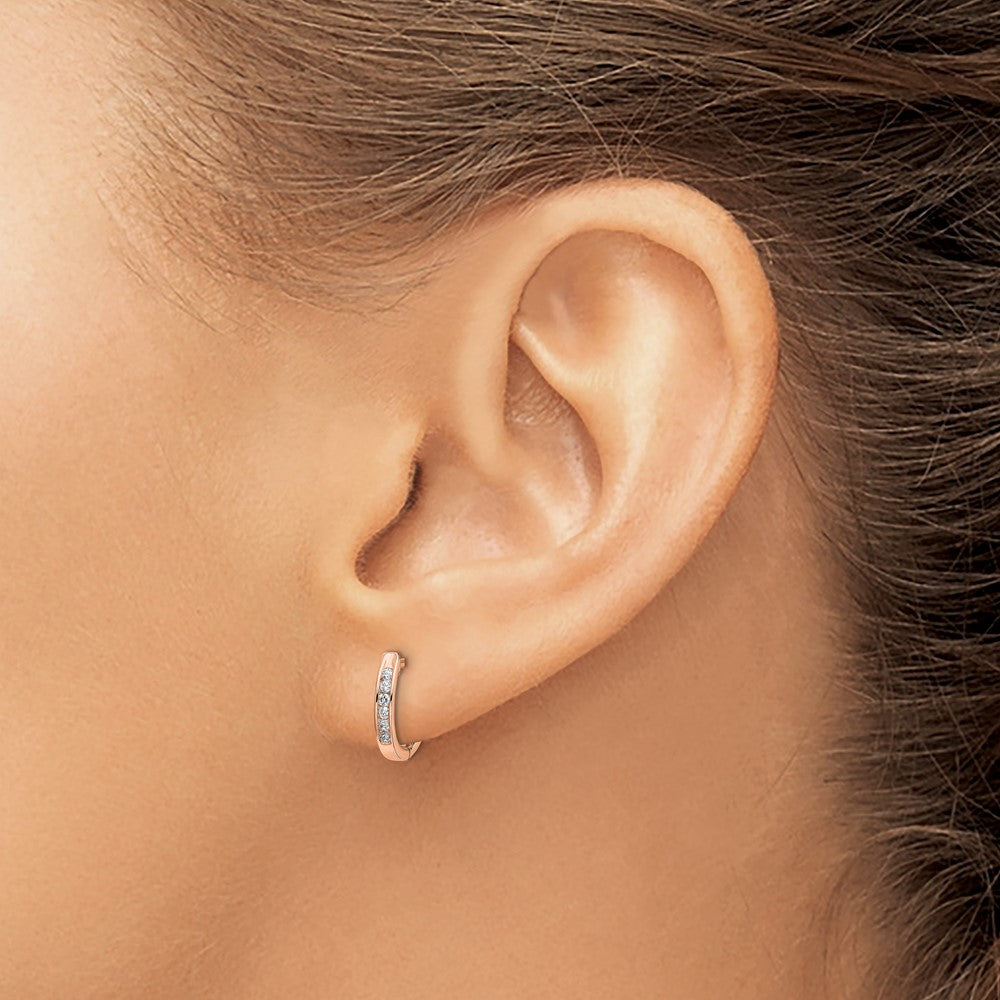 10k Rose Gold Polished 1/8 carat Diamond Round Hinged Hoop Earrings