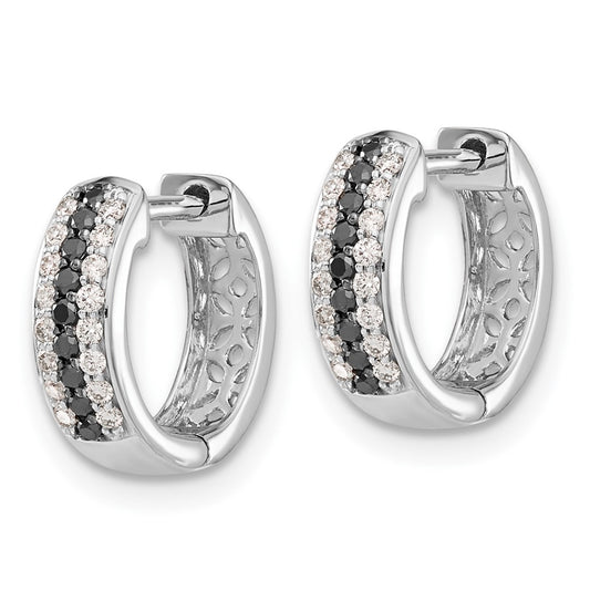 10k White Gold 1/3 carat Black and White Diamond Round Hinged Hoop Earrings