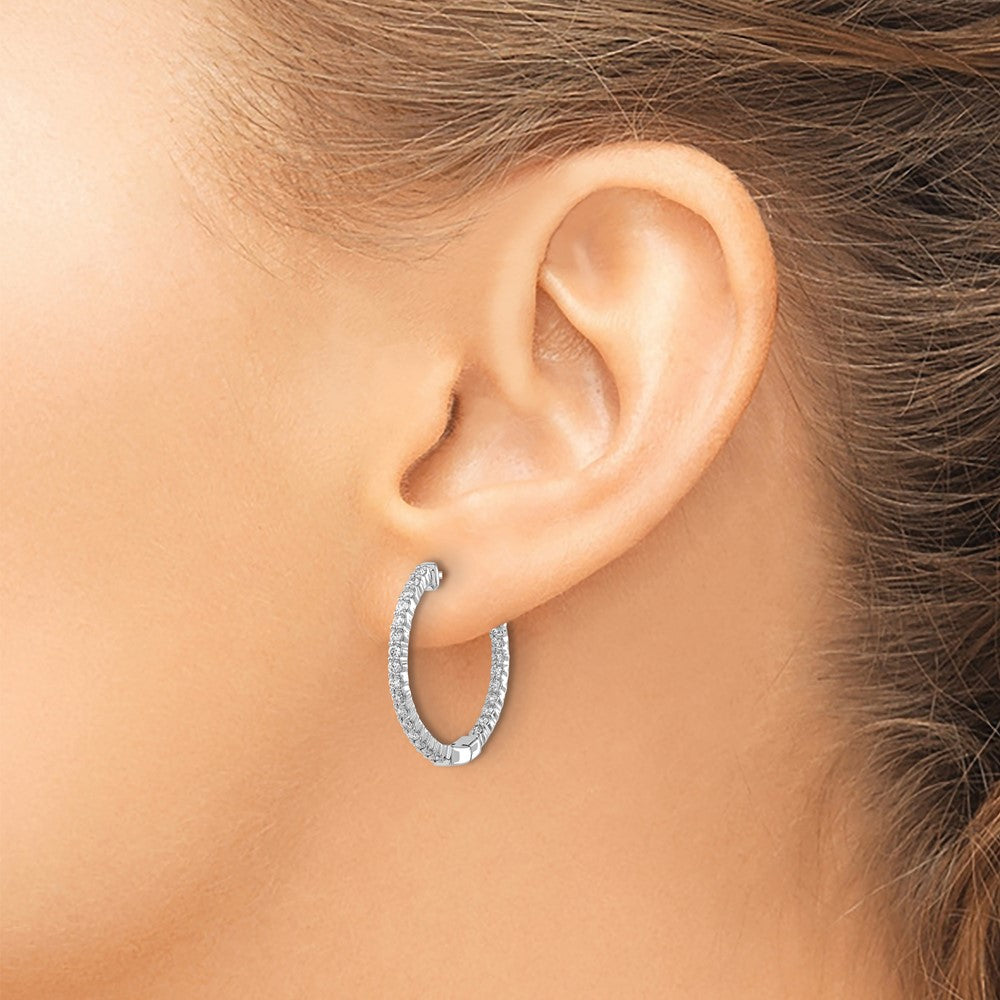 10k White Gold Polished 5/8 carat Diamond In/Out Round Hinged Hoop Earrings