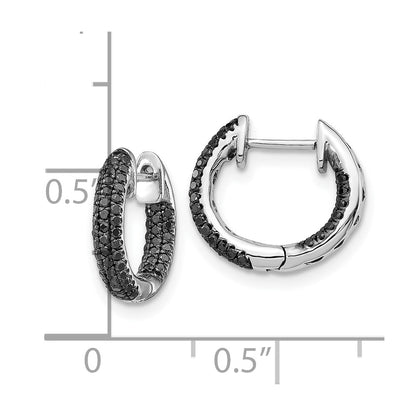 10k White Gold 3/8 carat Black Diamond In/Out Round Hinged Hoop Earrings