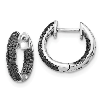 10k White Gold 3/8 carat Black Diamond In/Out Round Hinged Hoop Earrings