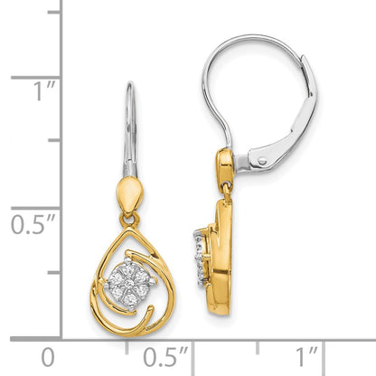 10k Two-tone 1/15 carat Diamond Cluster Teardrop Dangle Leverback Earrings