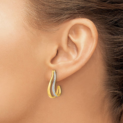 10k and White Rhodium Diamond J-Hoop Post Earrings