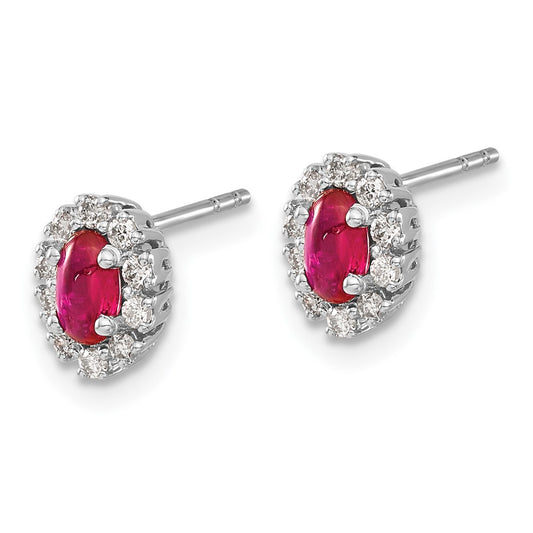 10k White Gold 5x3mm Oval Ruby and Diamond Halo Post Earrings