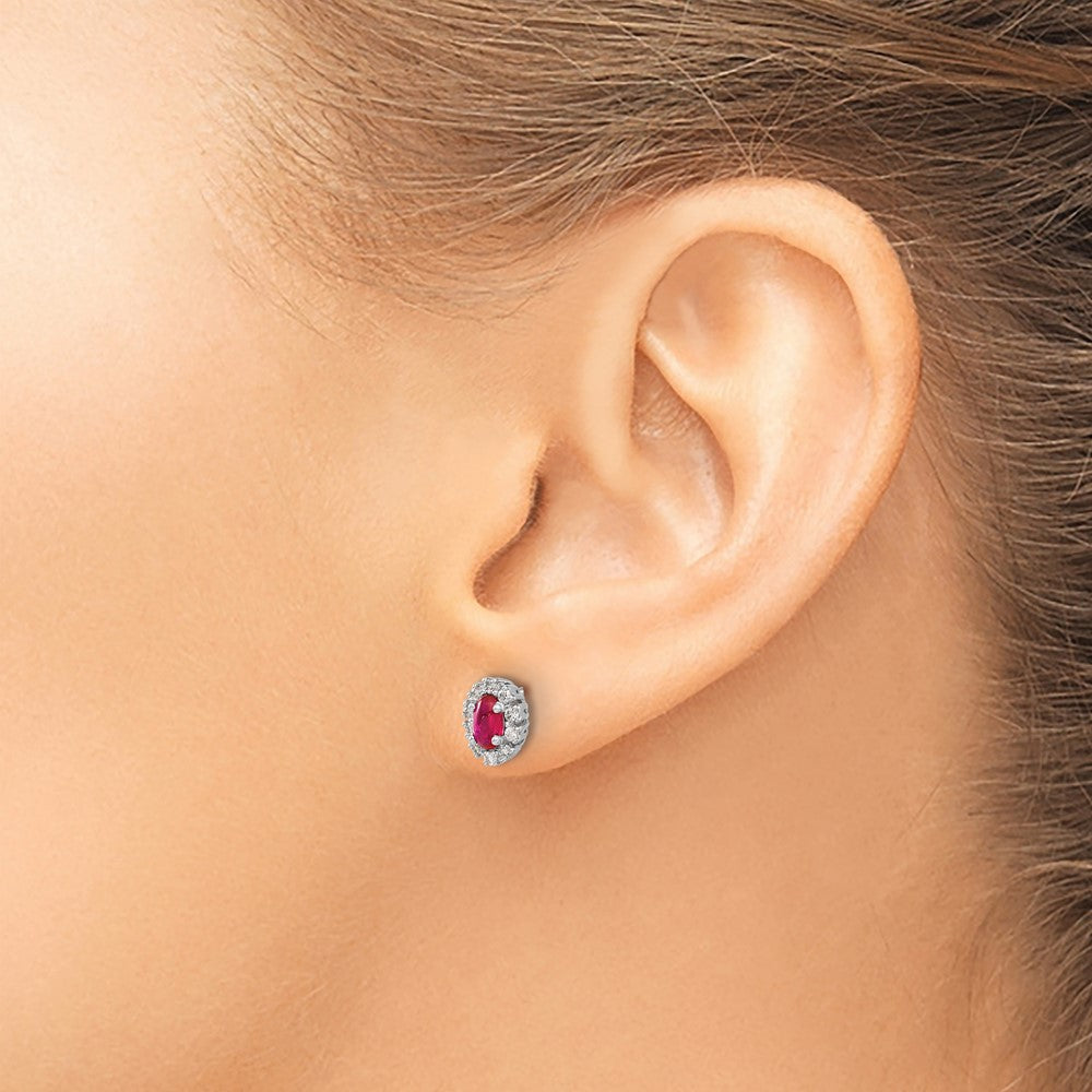 10k White Gold 5x3mm Oval Ruby and Diamond Halo Post Earrings