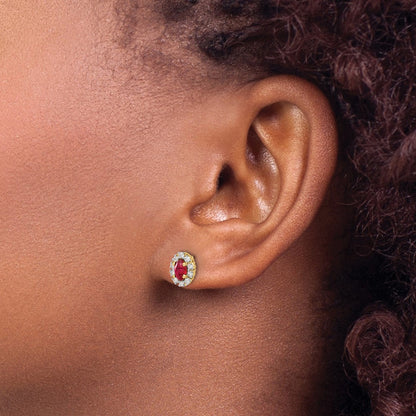 10k 5x3mm Oval Ruby and Diamond Halo Post Earrings