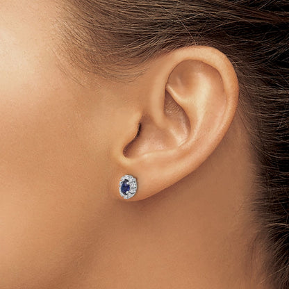10k White Gold 5x3mm Oval Sapphire and Diamond Halo Post Earrings