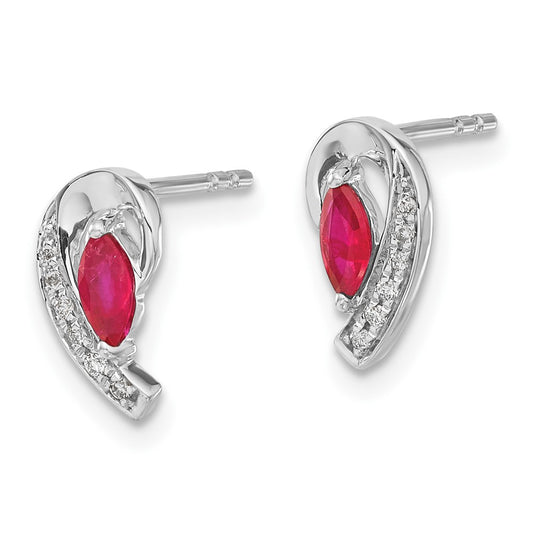 10k White Gold 5x2.5mm Marquise Ruby and Diamond Curved Post Earrings