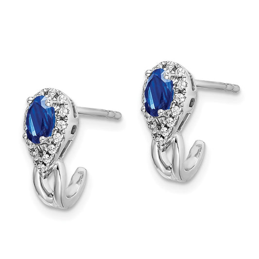 10k White Gold 5x3mm Oval Sapphire and Diamond J-Hoop Post Earrings