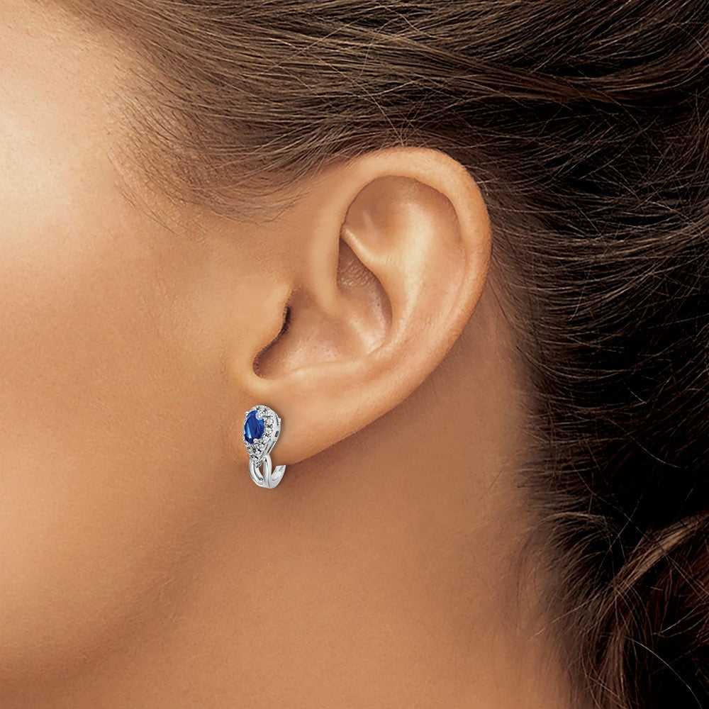 10k White Gold 5x3mm Oval Sapphire and Diamond J-Hoop Post Earrings
