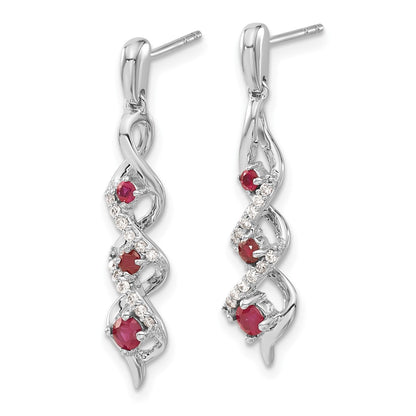 10k White Gold 1/8 carat Diamond and Ruby 3-Stone Twisted Dangle Post Earrings
