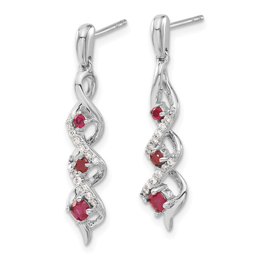 10k White Gold 1/8 carat Diamond and Ruby 3-Stone Twisted Dangle Post Earrings