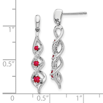 10k White Gold 1/8 carat Diamond and Ruby 3-Stone Twisted Dangle Post Earrings