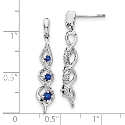 10k White Gold Diamond and Blue Sapphire 3-Stone Twisted Dangle Post Earrings