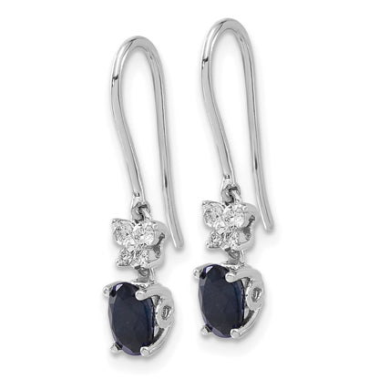 10k White Gold 6x4mm Oval Sapphire and Diamond Dangle Shepherd Hook Earrings