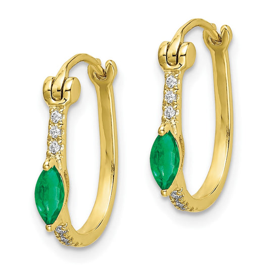 10k 1/20 carat Diamond and 5x2.5mm Marquise Emerald Oval Hoop Earrings