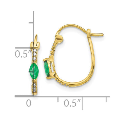 10k 1/20 carat Diamond and 5x2.5mm Marquise Emerald Oval Hoop Earrings