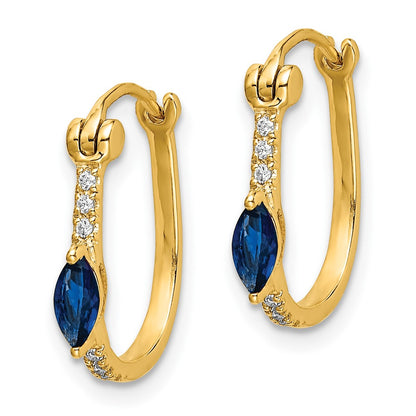 10k 1/20 carat Diamond and 5x2.5mm Marquise Sapphire Oval Hoop Earrings