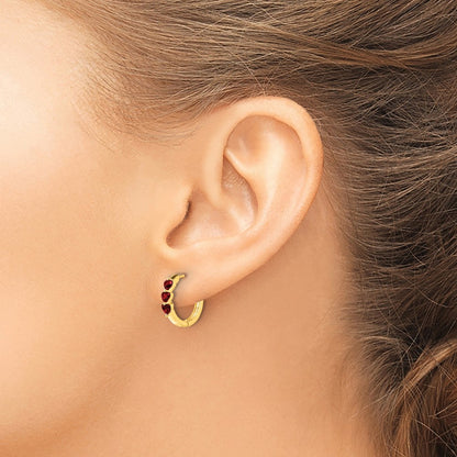 10k Polished 3-Stone Lab-Created Heart Ruby Round Hinged Hoop Earrings