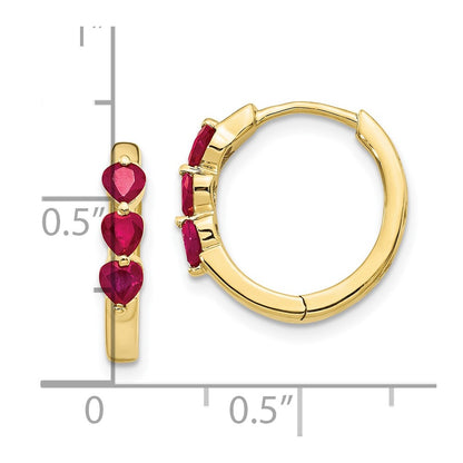 10k Polished 3-Stone Lab-Created Heart Ruby Round Hinged Hoop Earrings