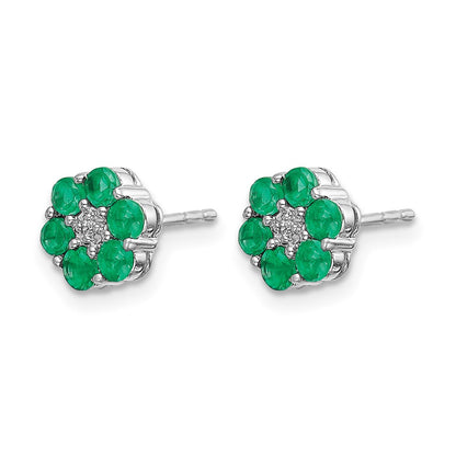 10k White Gold Polished Emerald and Diamond Floral Post Earrings