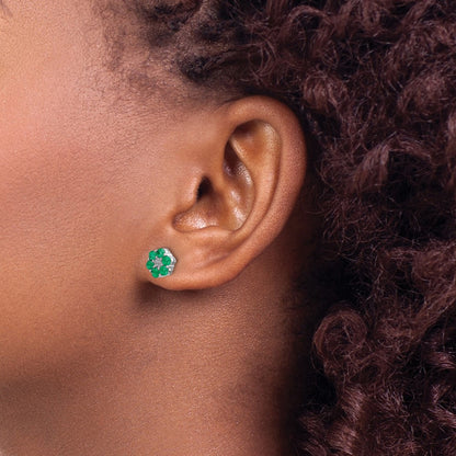 10k White Gold Polished Emerald and Diamond Floral Post Earrings