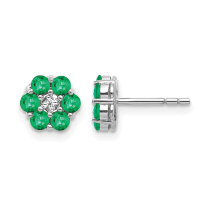 10k White Gold Polished Emerald and Diamond Floral Post Earrings