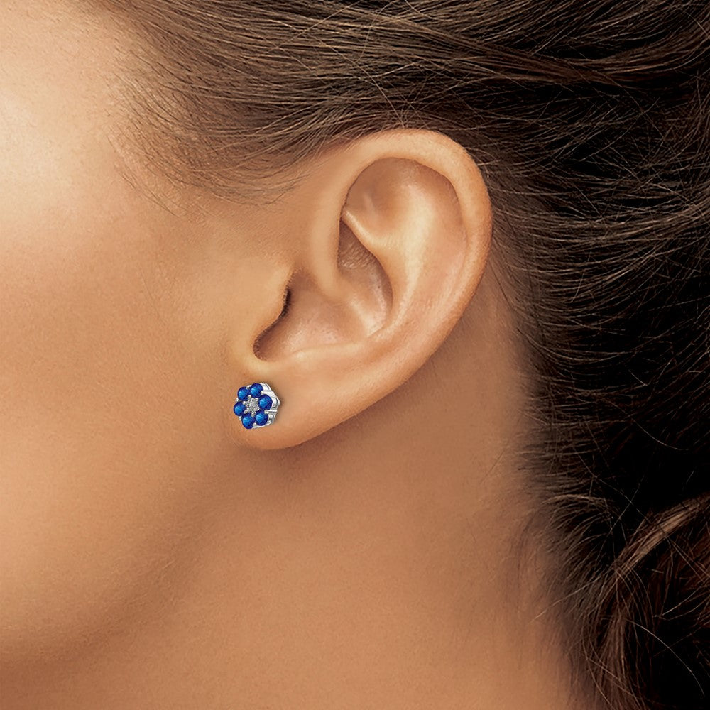 10k White Gold Polished Sapphire and Diamond Floral Post Earrings