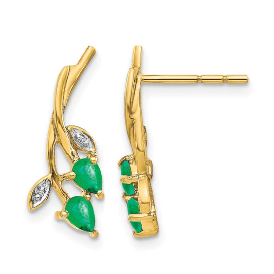 10k Diamond and Pear Emerald Floral Post Earrings