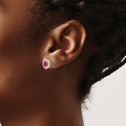14k 3/4 carat Lab Grown Diamond VS/SI+ G+ and Oval Created Ruby Complete Halo Post Earrings