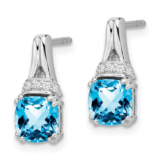 10k White Gold 6mm Cushion Blue Topaz and Diamond Post Earrings