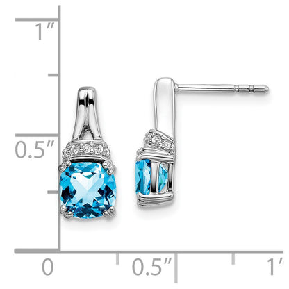 10k White Gold 6mm Cushion Blue Topaz and Diamond Post Earrings