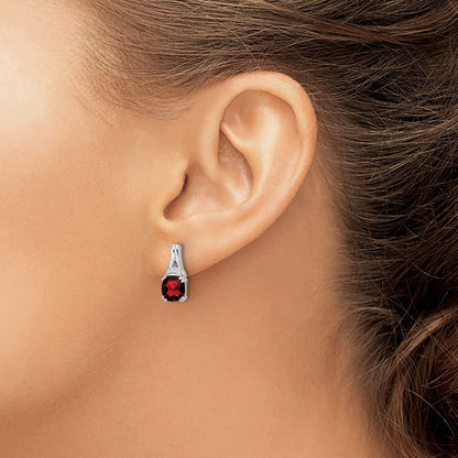 10k White Gold 6mm Cushion Garnet and Diamond Post Earrings