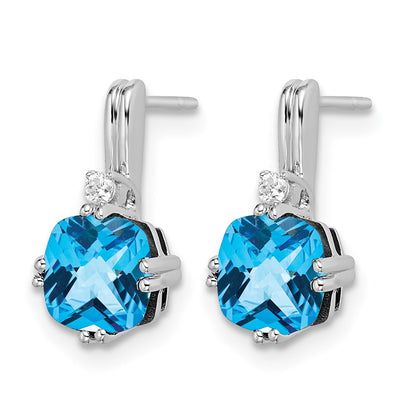 10k White Gold 6mm Cushion Blue Topaz and Diamond Post Earrings