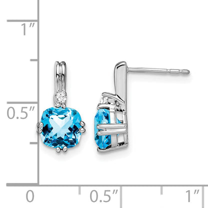 10k White Gold 6mm Cushion Blue Topaz and Diamond Post Earrings