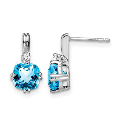10k White Gold 6mm Cushion Blue Topaz and Diamond Post Earrings