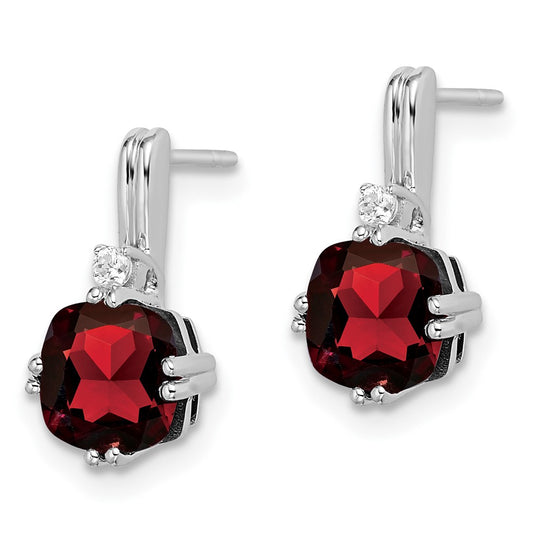 10k White Gold 6mm Cushion Garnet and Diamond Post Earrings