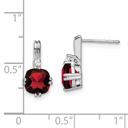 10k White Gold 6mm Cushion Garnet and Diamond Post Earrings