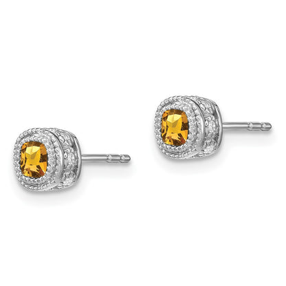 10k White Gold 4.5mm Cushion Citrine and .19 carat Diamond Post Earrings